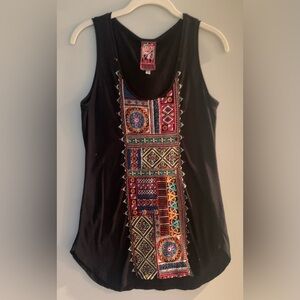 Johnny Was Black Embellished Tank Top with Vibrant Embroidery Size XS